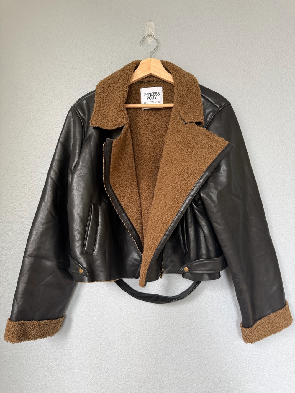 Princess Polly Black Faux Leather Jacket with Brown Sherpa Lining